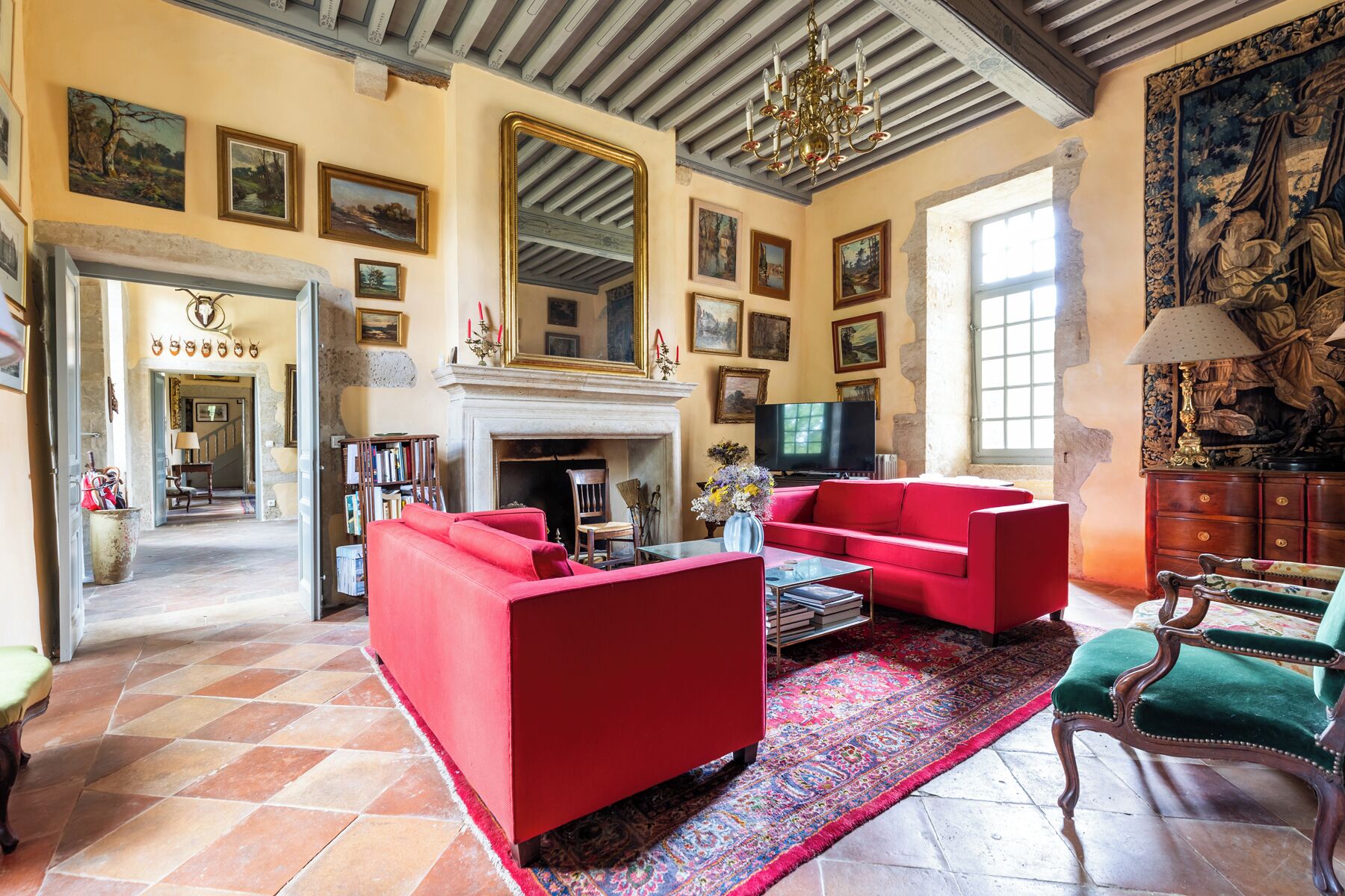 Télévision, cheminée, lecteur de DVD, livres