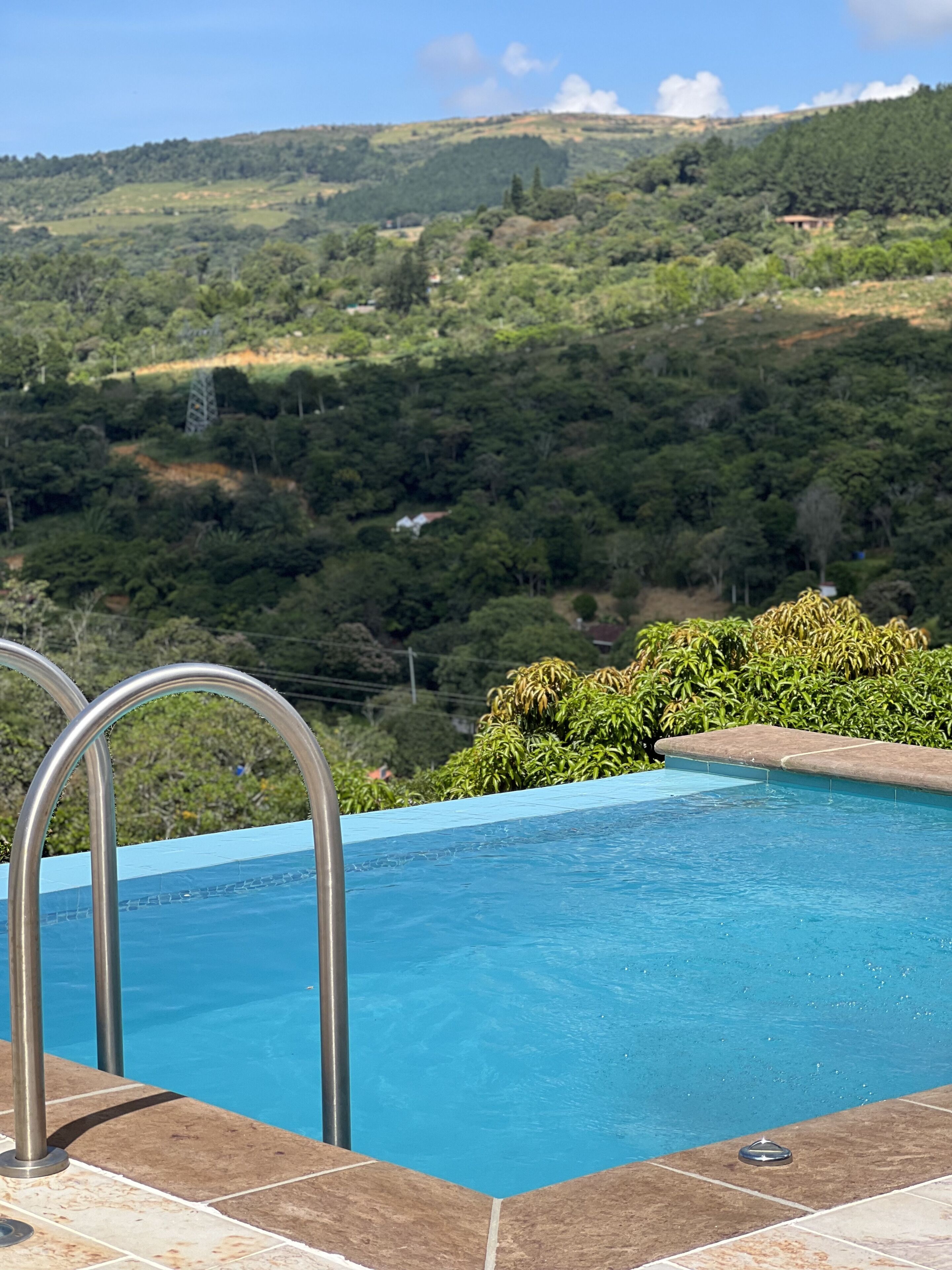 A swimming pool with metal ladders, surrounded by a tiled deck, with a view of a lush green hillside in the background.
