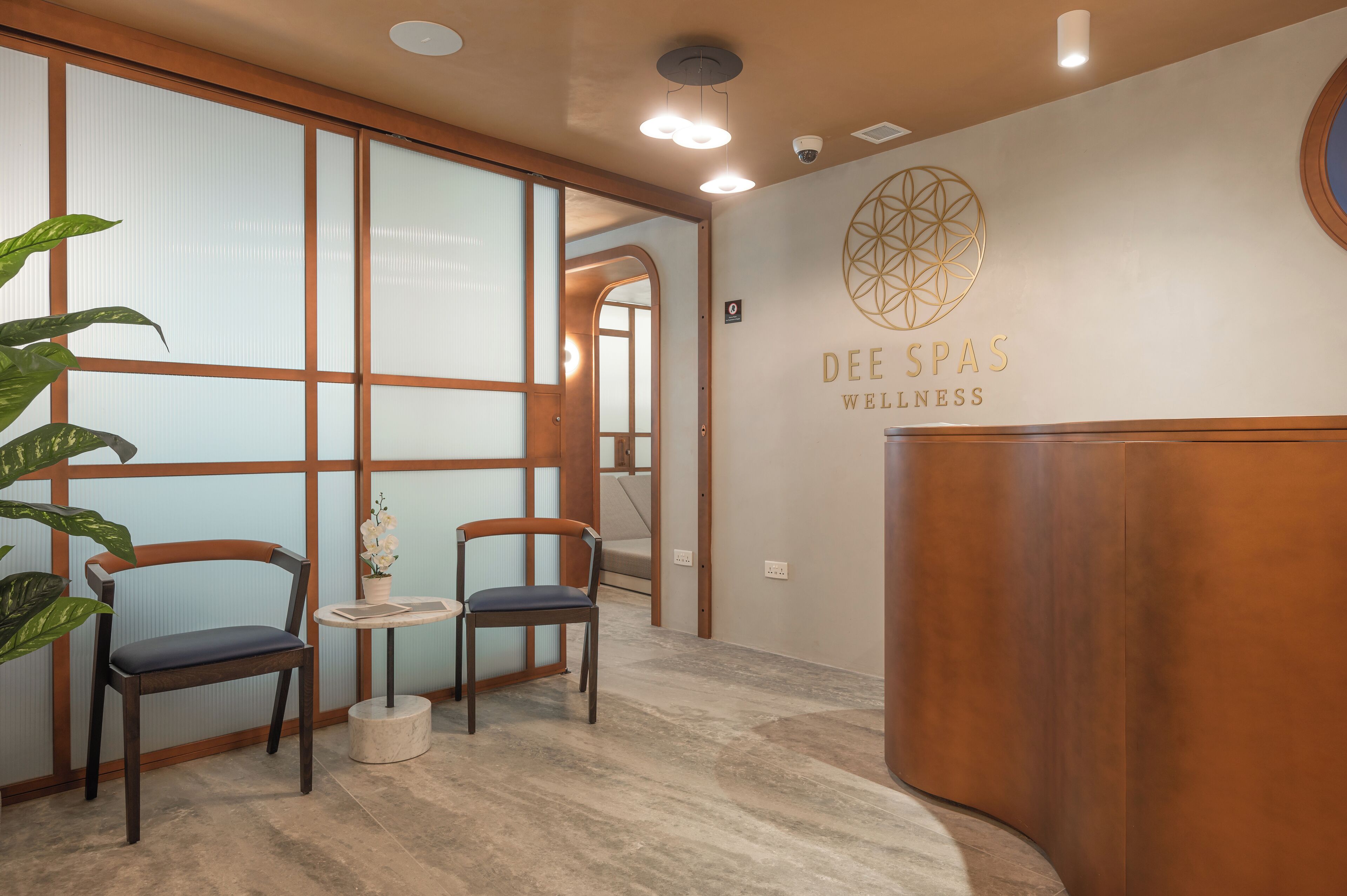 Un espace d’accueil avec un bureau en bois, deux chaises, une petite table sur laquelle est posé un vase de fleurs, et un mur orné du logo « DEE SPAS WELLNESS ».