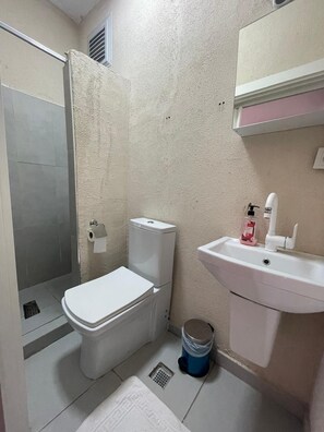 Douche, sèche-cheveux, chaussons, serviettes fournies