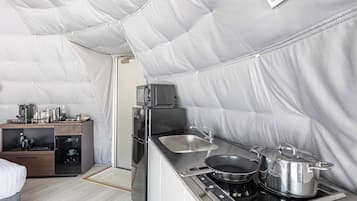 Fridge, microwave, stovetop, cookware/dishes/utensils