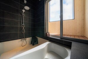 Hair dryer, towels, soap, shampoo