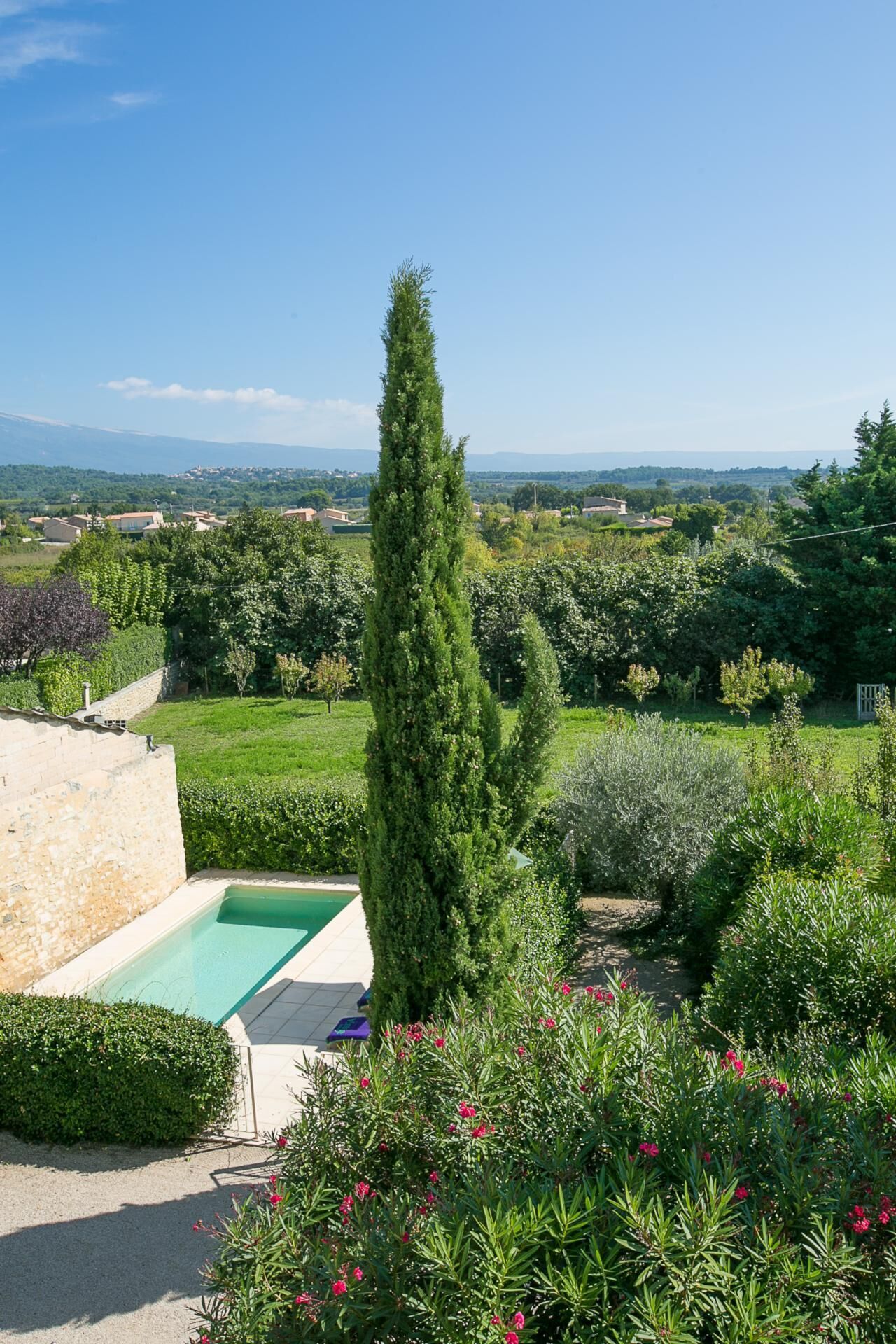 A swimming pool surrounded by lush greenery and a clear view of a distant town.
