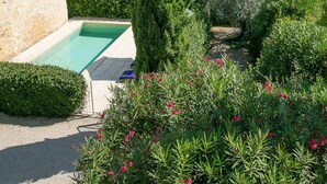A swimming pool surrounded by lush greenery and a clear view of a distant town.