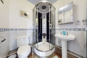 Shower, hair dryer, bidet, towels
