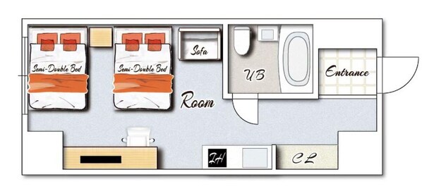 A floor plan of a hotel room with two semi-double beds, a sofa, a bathroom, and an entrance.