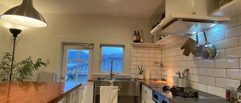 Fridge, microwave, stovetop, cookware/dishes/utensils