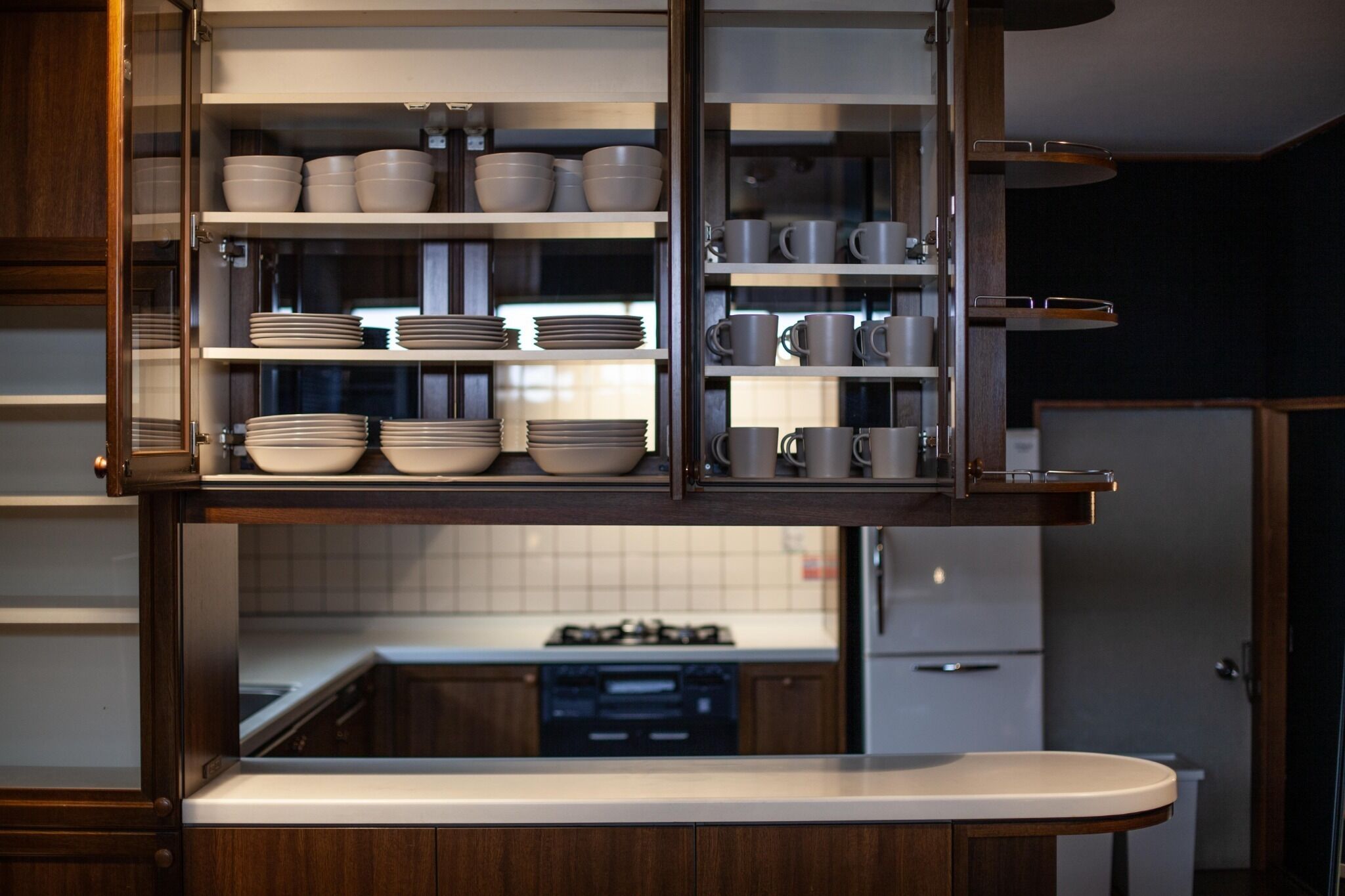 Fridge, microwave, stovetop, cookware/dishes/utensils