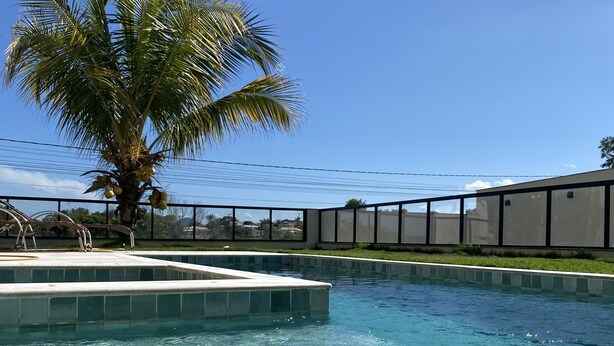 En pool med kristallklart vatten, en palm och utsikt över ett bostadsområde.