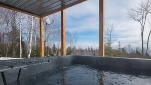 Un bain à remous avec vue sur une forêt et un ciel dégagé.