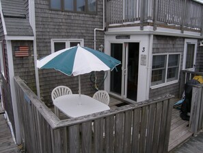 Outdoor dining - 103 N. Shore Blvd #3- Cozy beach condo w. private path to E. Sandwich Beach (Sandwich)