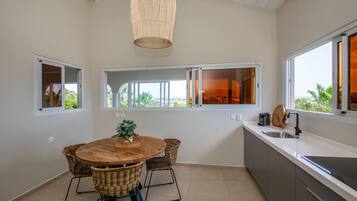 Deluxe Penthouse | Private kitchen | Full-size fridge, microwave, stovetop, coffee/tea maker