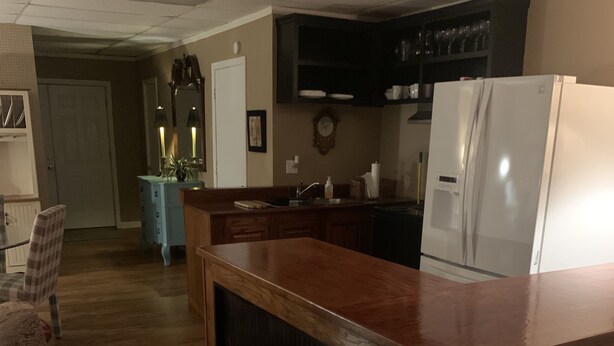 A kitchen with wooden cabinets, a built-in refrigerator, and a countertop. - Aunt Minnie's Peabody Flat near Mountain View's Historic Courthouse Square (Mountain View)