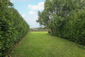 A grassy pathway flanked by dense hedges, leading to a distant view of a landscape.
