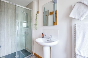 Een moderne badkamer met een douchecabine van glas, een wit wastafeltje en een spiegel.