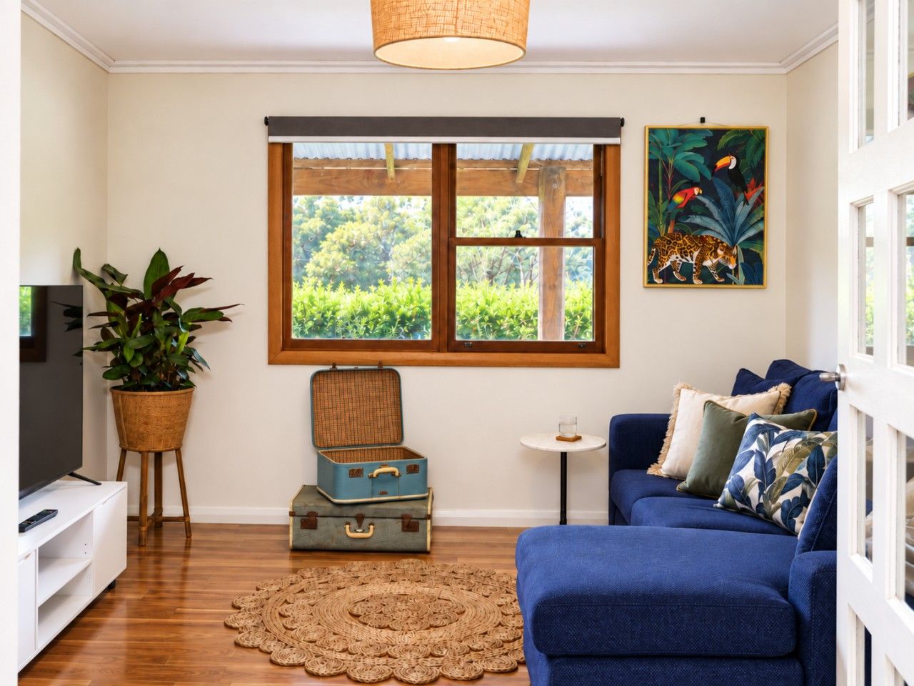 A living room with a blue sofa, a television, a wicker plant, a window with a view of greenery, and a painting of a jaguar.