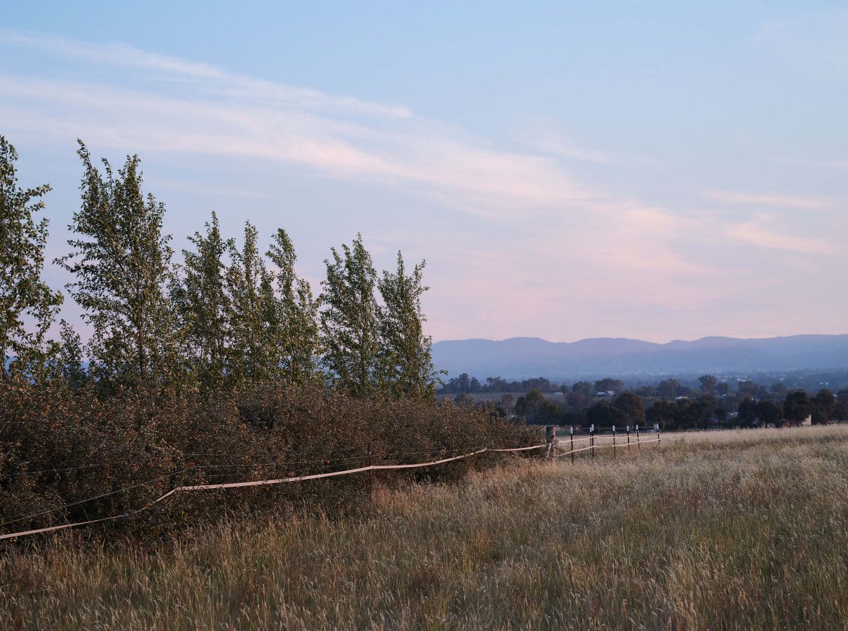 A natural landscape with a fence, trees, and distant hills.