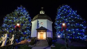 Un edificio con cúpula y campanario, rodeado de árboles de Navidad con luces.