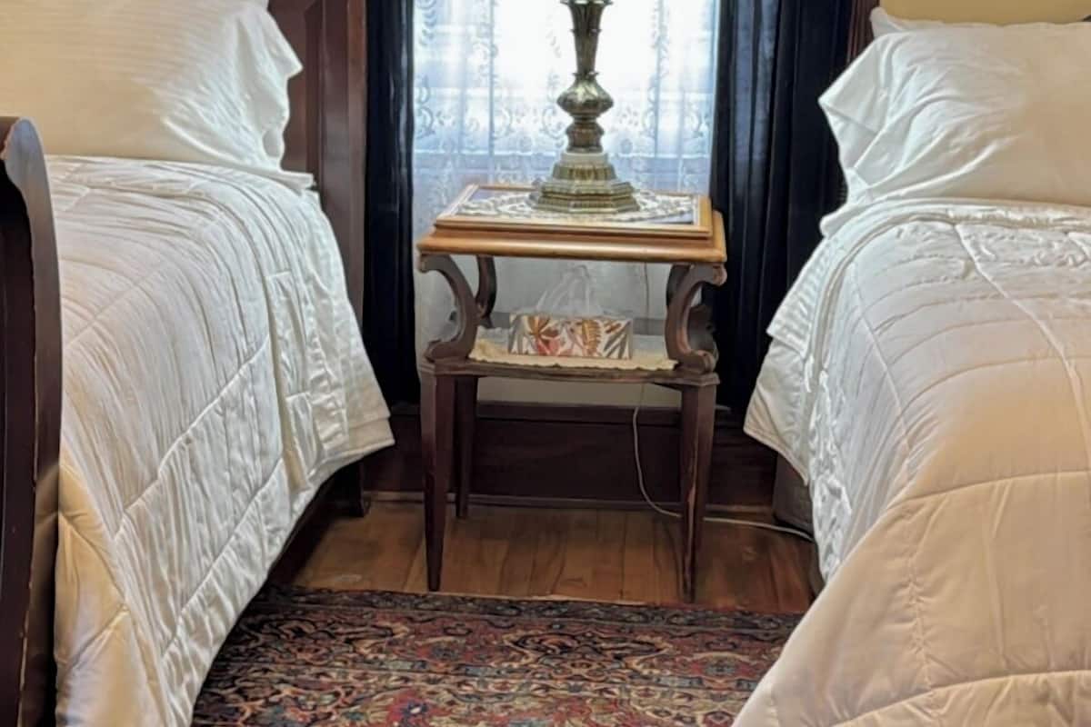 A hotel room with two single beds, a nightstand with a lamp, a patterned rug, and a window with curtains.