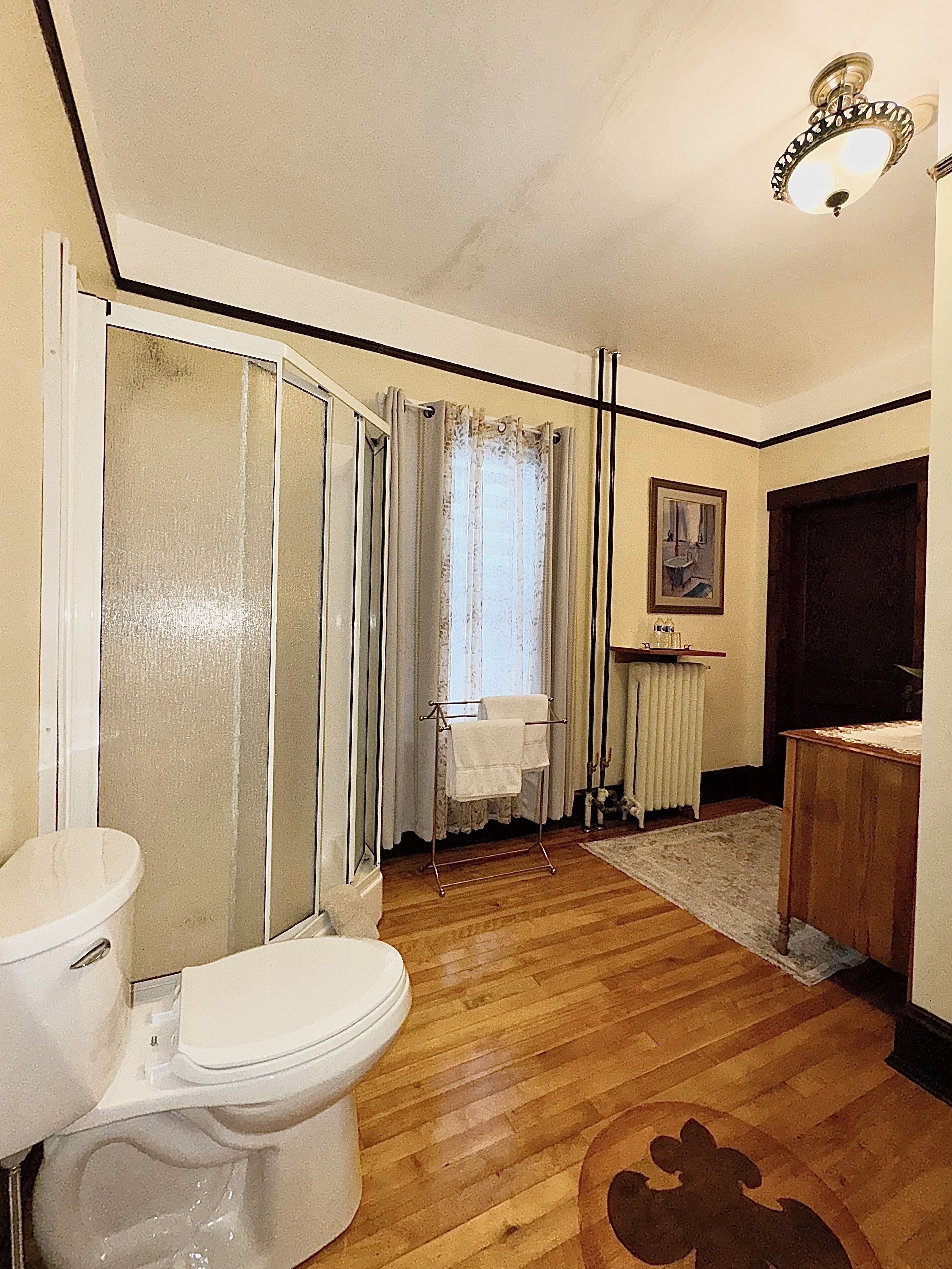 Een badkamer met toilet, douche en wastafel.