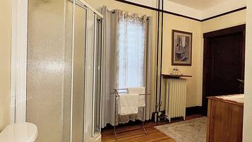 Een badkamer met toilet, douche en wastafel.