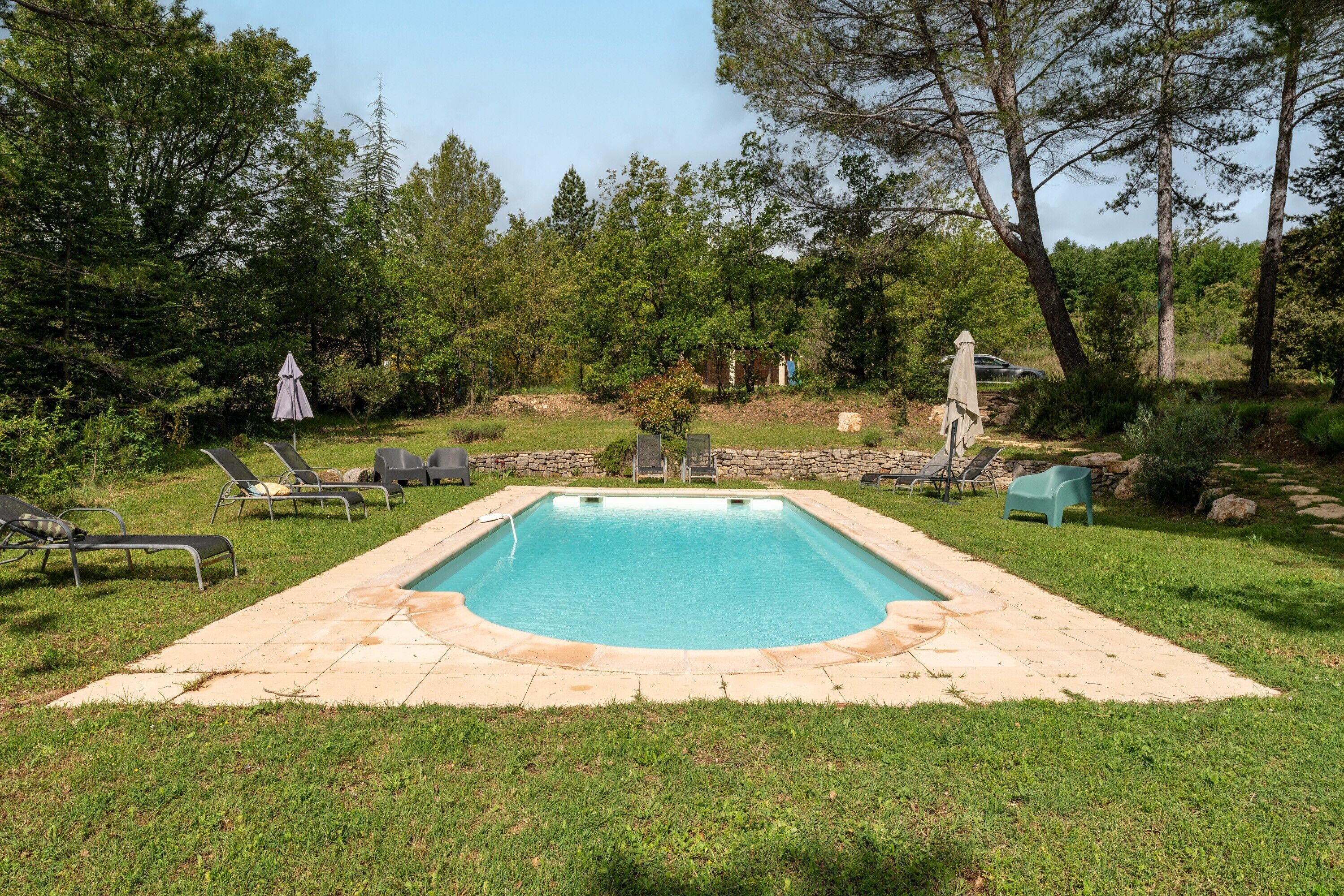 A rectangular pool with a stone border, surrounded by grass and trees.