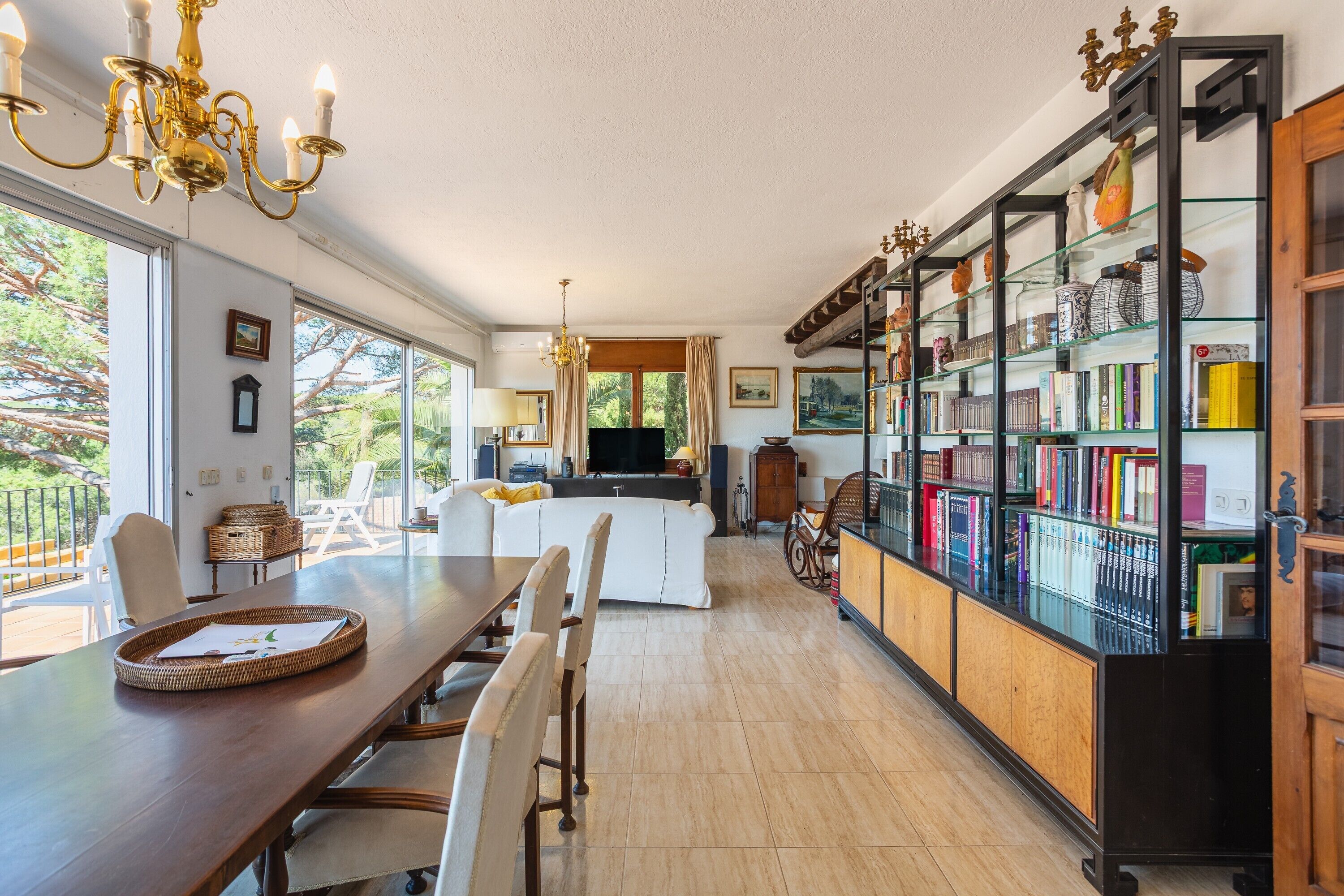 Een ruime woonkamer met een eettafel, stoelen, een bank, een televisie en een boekenkast vol boeken.