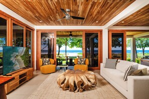 TV, books, stereo - Rare Find: Beachfront Villa w/ Private Pool & Spacious Backyard, Surf Break Right at Your Doorstep! (Playa Grande)