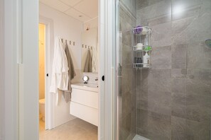Shower, hair dryer, towels