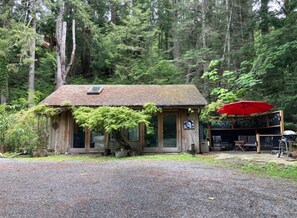 A rustic cabin with a thatched roof, a small porch, and a red umbrella. - The Hobbit on Canopy Ridge Gabriola (Gabriola)