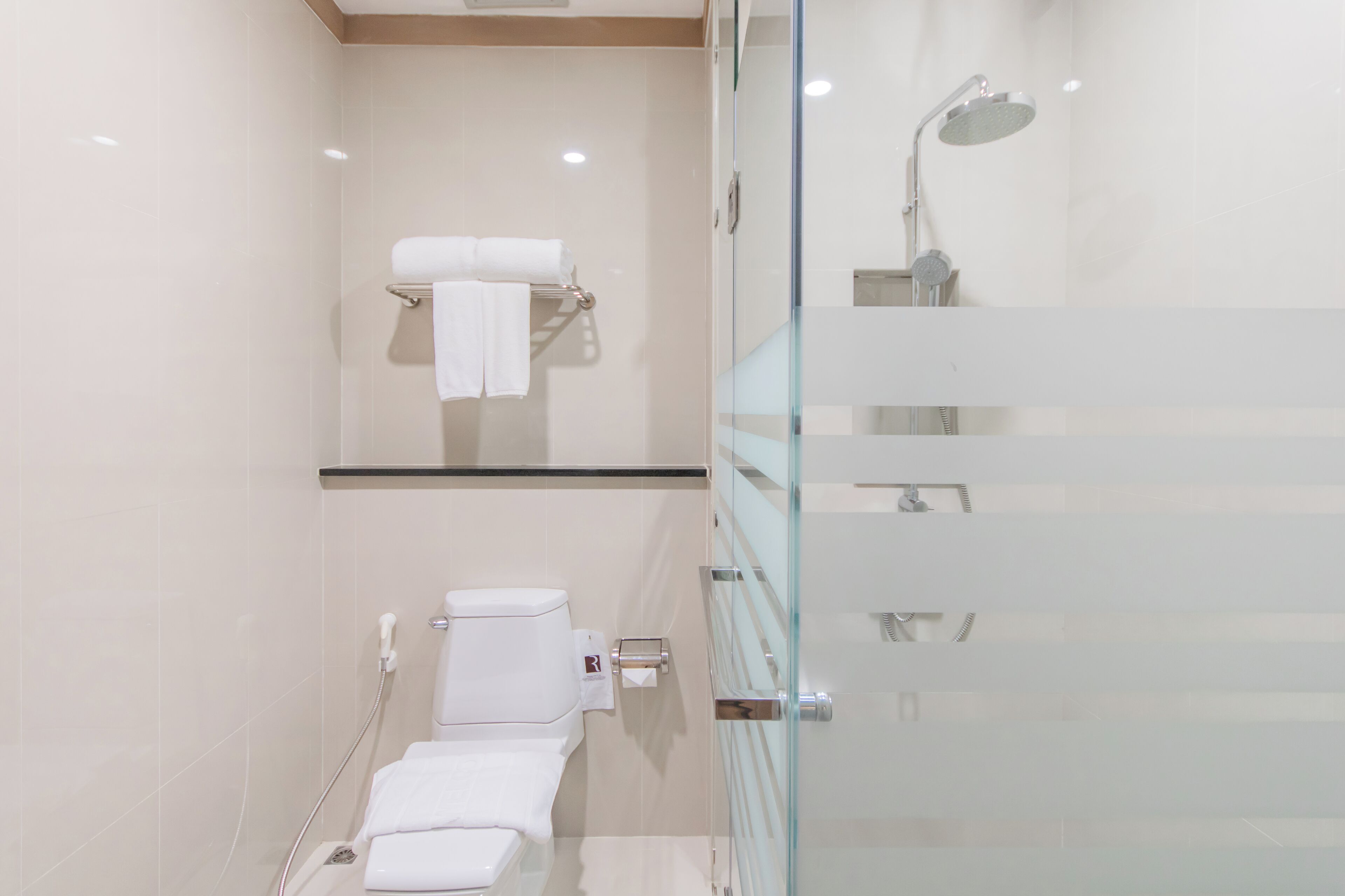 Un baño moderno con cabina de ducha de vidrio, inodoro y perchero.