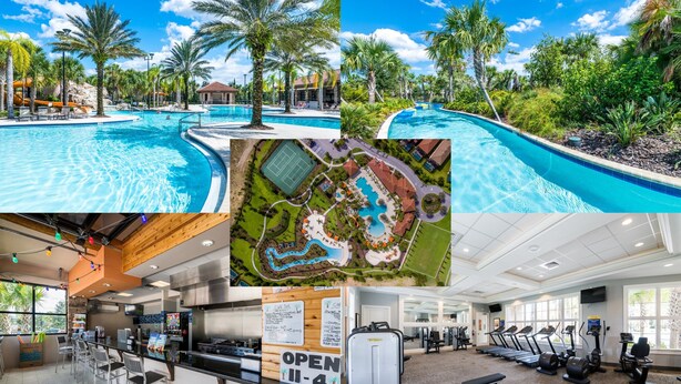 A swimming pool area with multiple pools, a bar, and a gym. - Mini Golf, Arcade, Huge Bedroom w/ Slide, Waterpark, Tiki Bar: Imagination Station (Davenport)