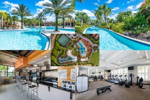A swimming pool area with multiple pools, a bar, and a gym. - Mini Golf, Arcade, Huge Bedroom w/ Slide, Waterpark, Tiki Bar: Imagination Station (Davenport)