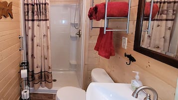 Shower, towels, soap, shampoo