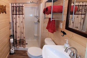 Shower, towels, soap, shampoo