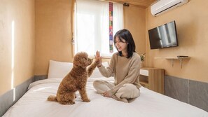 Une personne est assise sur un lit dans une pièce où l’on peut voir un téléviseur accroché au mur, une fenêtre avec des rideaux et une petite table.