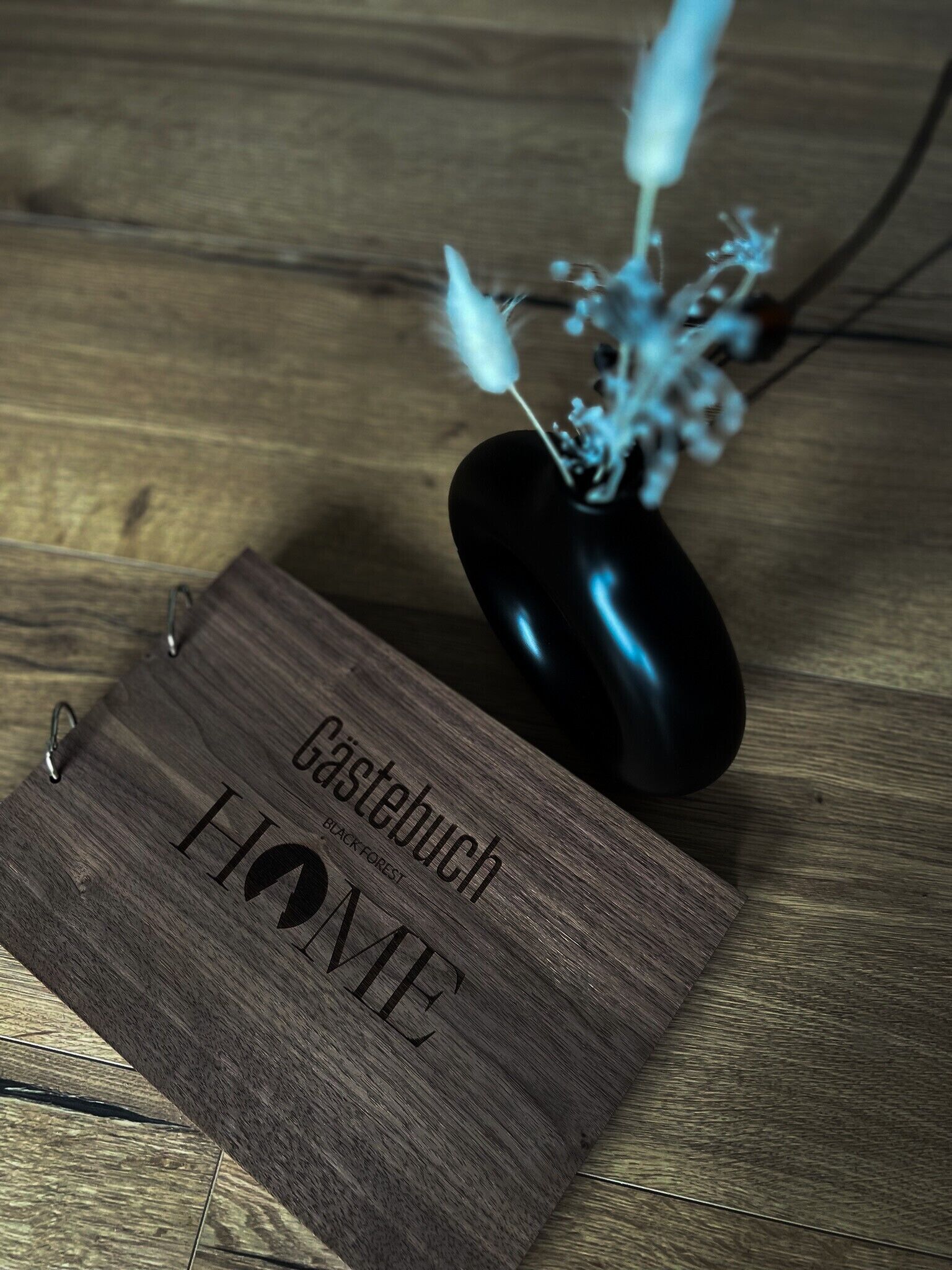 A wooden plaque with the text 'Gastebuch HOME' and a black object with a blue light.