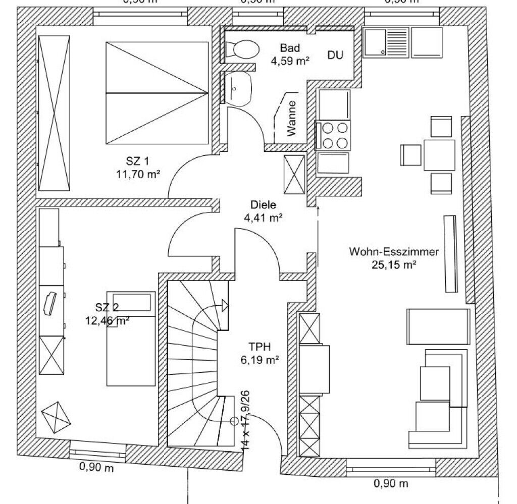 Un plan d’étage comprenant un salon, une cuisine, une salle de bain et deux chambres.