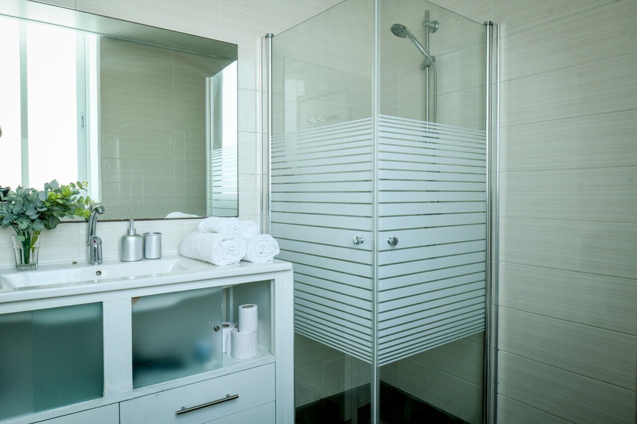 A modern bathroom with a glass shower enclosure, a white vanity with a mirror, and a plant on the counter.
