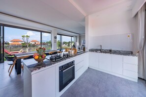 Fridge, microwave, oven, dishwasher