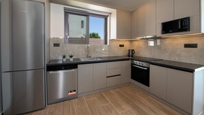 A modern kitchen with stainless steel appliances, a built-in oven, and a microwave. - Armour Eclectic Villa (Platanias)