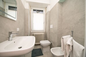 Shower, free toiletries, bidet, towels
