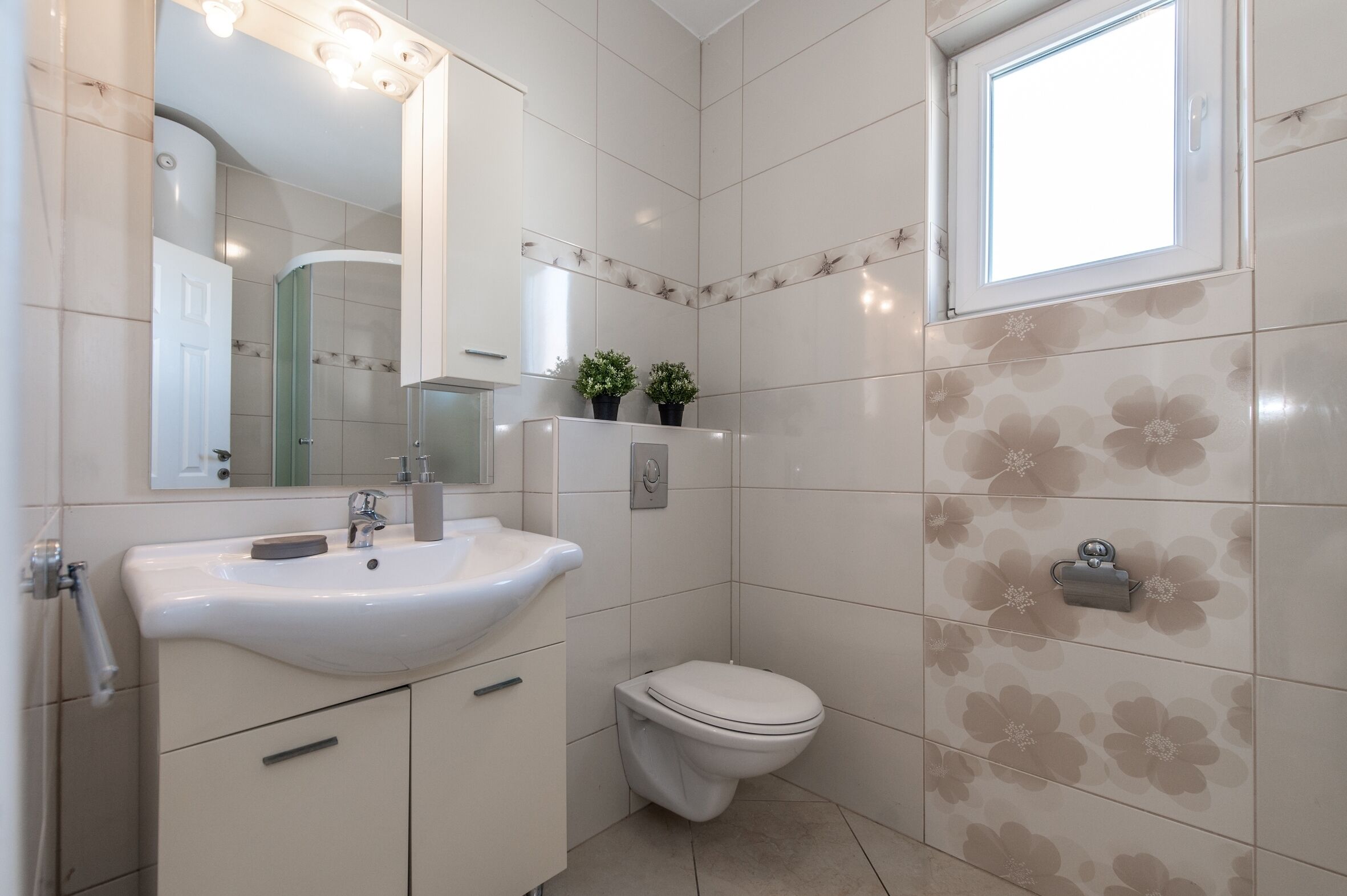 A bathroom with a white sink, a toilet, and a mirror. There are two potted plants on the wall above the sink.
