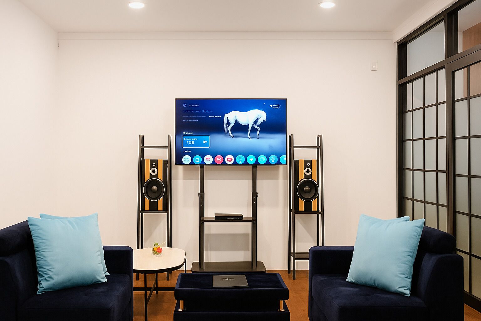 A modern living room with a flat-screen TV mounted on the wall, two speakers on stands, a small round table, and two sofas with cushions.