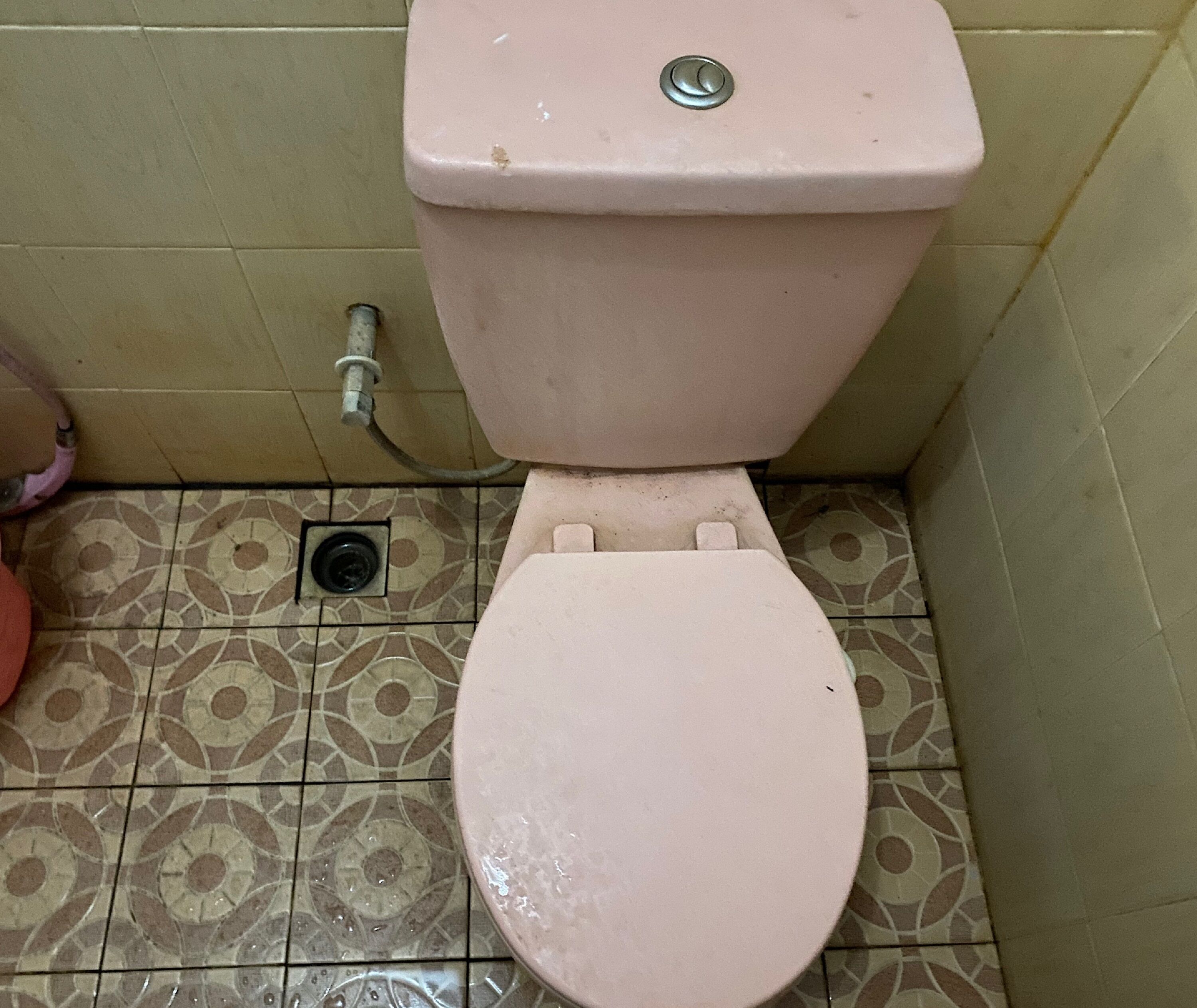 A toilet with a pink seat and lid, a visible flush handle, and a tiled floor with a geometric pattern.