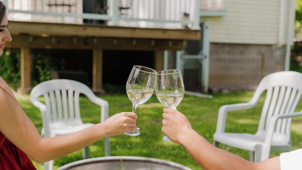 Two people toasting with wine glasses, seated at a table with a metal bowl, outdoors with a house in the background.