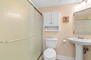 Hair dryer, towels, soap, shampoo