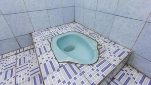 Un bagno con il water blu, pareti e pavimento piastrellati.