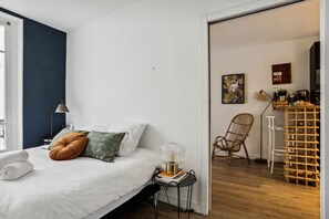 1 bedroom, desk, iron/ironing board, travel cot