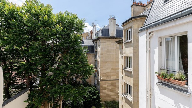 A narrow urban street with buildings on either side, a tree in the foreground, and a window with potted plants on the right. - La Sorbonne-Pantheon-Latin Quarter 1BR (Paris)